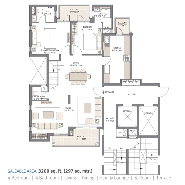 Emaar Gurgaon Greens Floor Plan Layout 4 BHK Penthouse Lower Floor 3200 SqFt