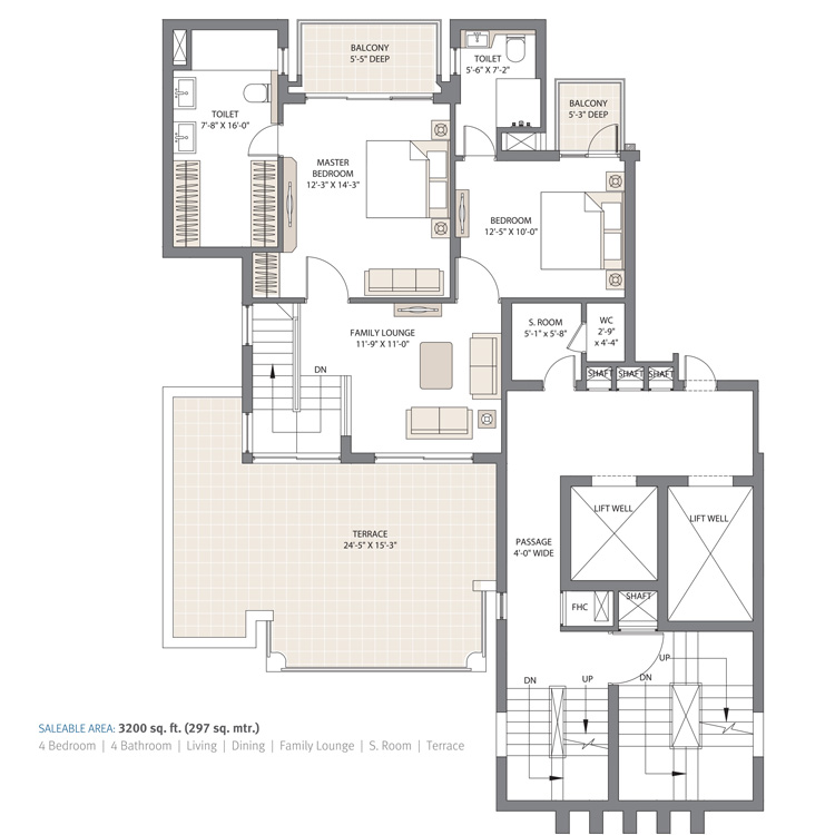 Emaar Gurgaon Greens Floor Plan Layout 4 BHK Penthouse Upper Floor 3200 SqFt