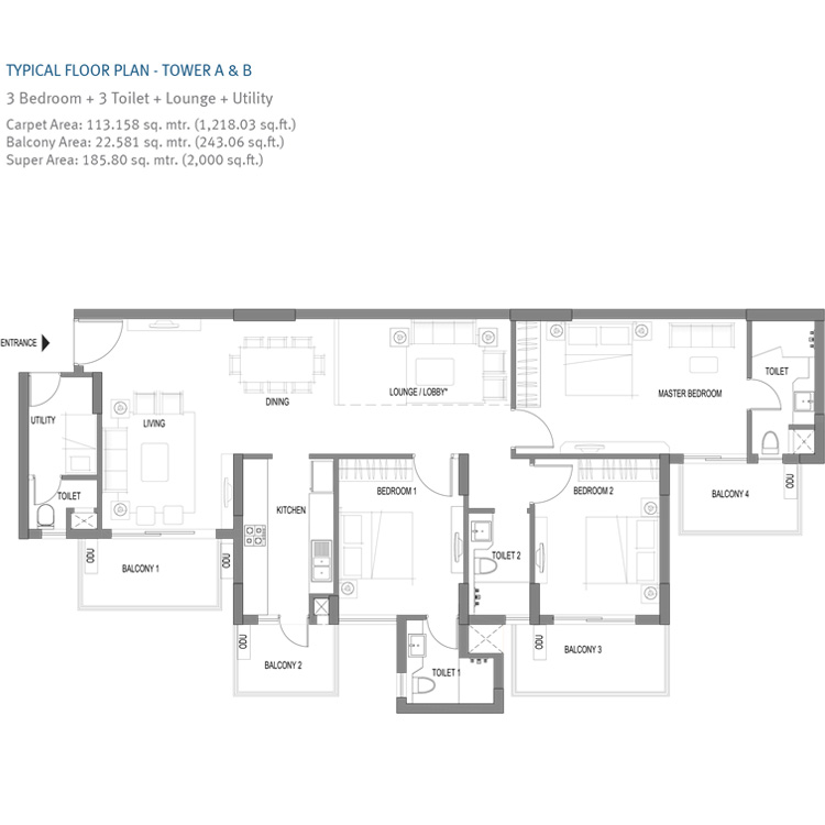Emaar Imperial Gardens Sector 102 Gurgaon Typical Floor Plan 2000 SqFt 3BHK Lounge and Utility