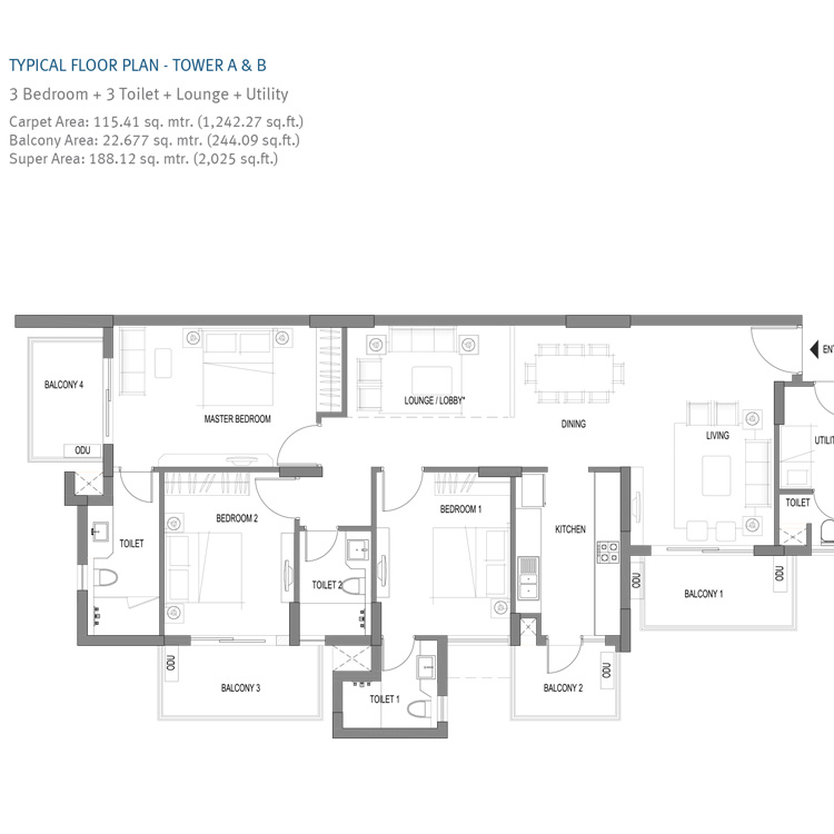 Emaar Palm Premier Sector 77 Gurgaon Ground Floor Plan 2000 SqFt 3BHK Lounge and Utility