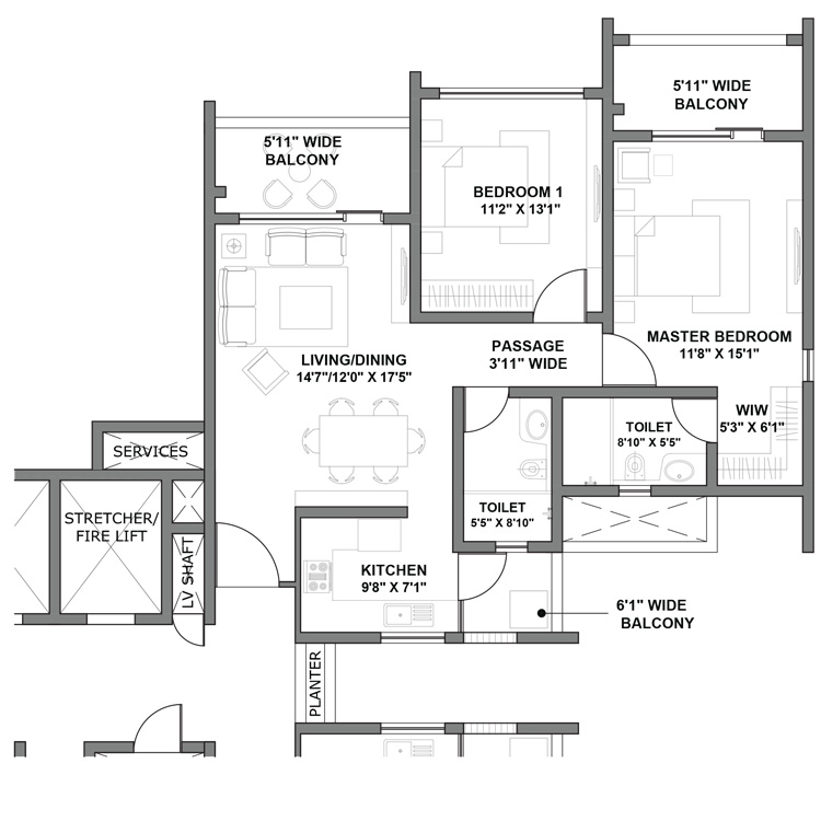 Godrej Air Sector 85 Gurgaon Floor Plan Layout 2 BHK Type 01 92 Sq. Mtr. 1300 SqFt