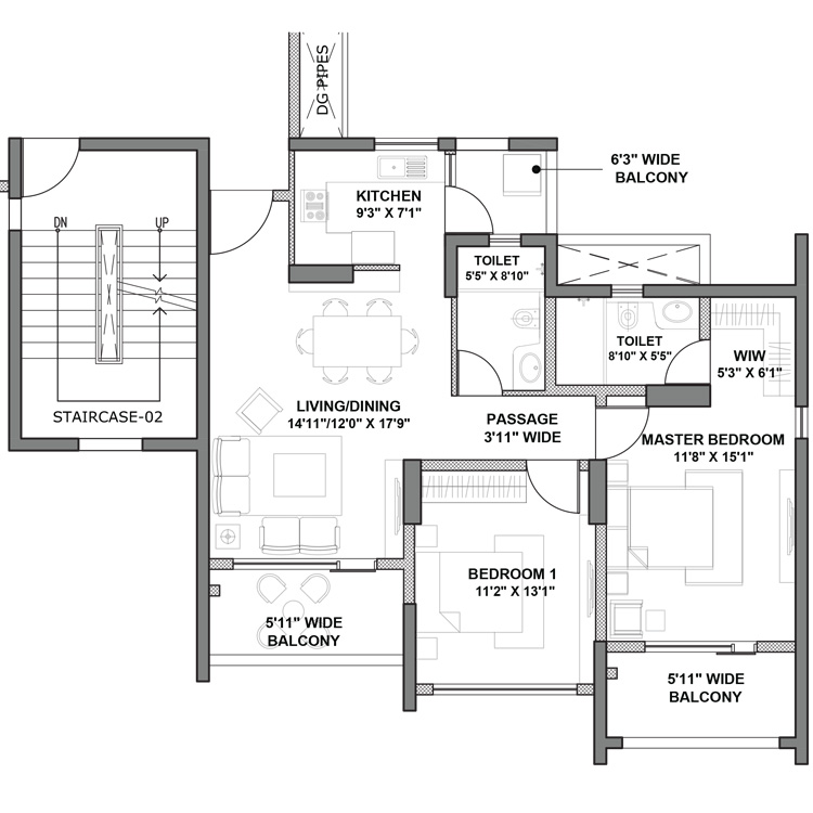 Godrej Air Sector 85 Gurgaon Floor Plan Layout 2 BHK Type 01 92 Sq. Mtr. 1300 SqFt
