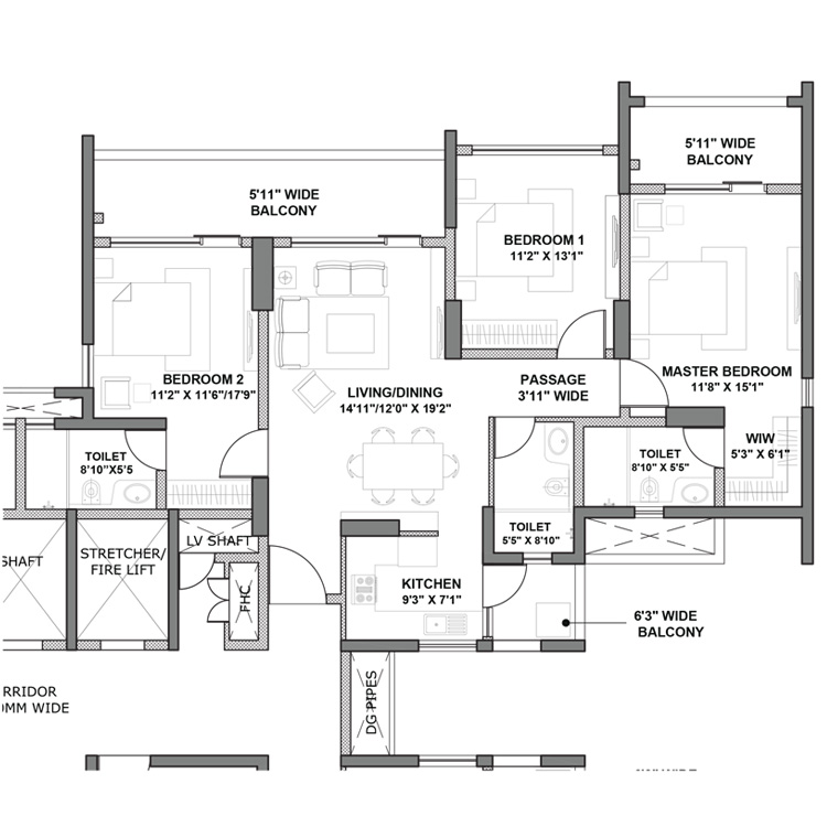 Godrej Air Sector 85 Gurgaon Floor Plan Layout 3 BHK Type 02 120 Sq. Mtr. 1600 SqFt