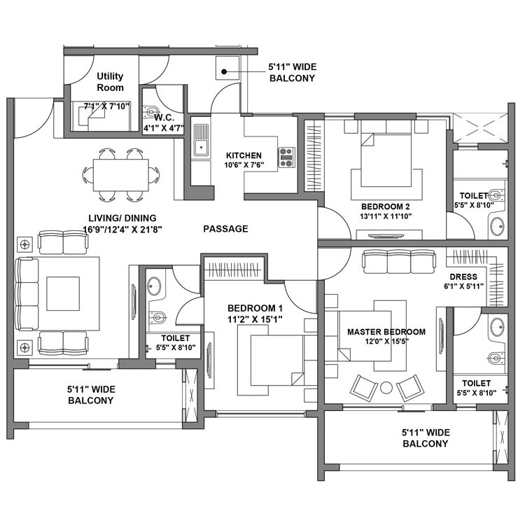 Godrej Air Sector 85 Gurgaon Floor Plan Layout 3 BHK plus Utility 140 Sq. Mtr. 1850 SqFt