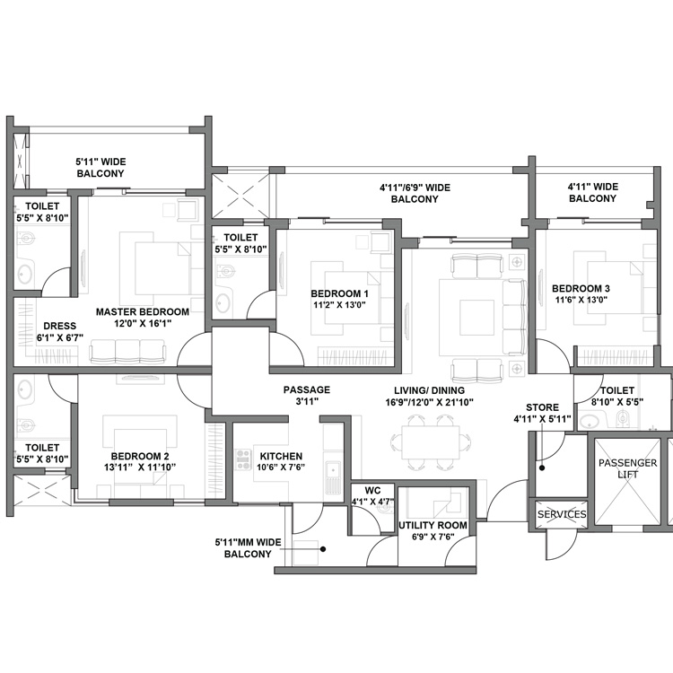 Godrej Air Sector 85 Gurgaon Floor Plan Layout 4 BHK plus Utility 171 Sq. Mtr. 2650 SqFt