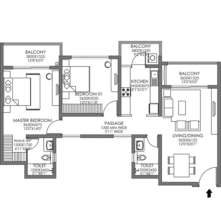 Godrej Habitat Sector 3 Gurgaon Floor Plan Layout 2 BHK 98.16 Sq.Mtr / 1444 SqFt