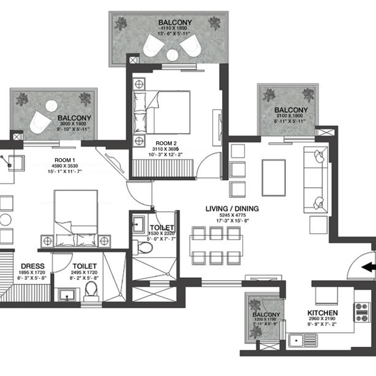 Godrej Nature +Plus Sector 33 Sohna Gurgaon Floor Plan Layout 2BHK 92.44 Sq.Mtr 1300 SqFt