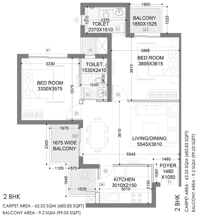 Hero Homes Floor Plan Layout 2 BHK 1099 SqFt