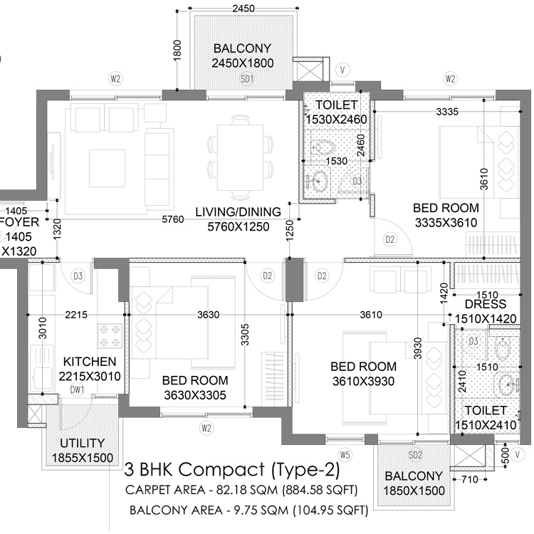 Hero Homes Floor Plan Layout 3 BHK 1389 SqFt
